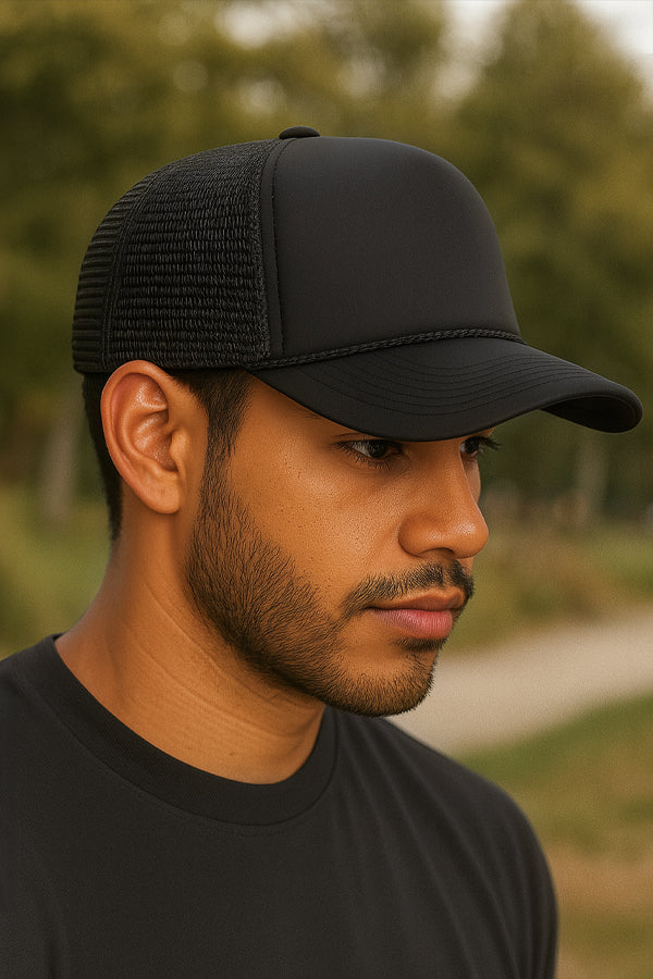 BLACK FORTUNE Foam Trucker Hat - Low Profile Cap with Mesh Back - Plain Trucker Hat for Men and Women - Adjustable Snapback Closure and Otto-Style Hats for Everyday Use